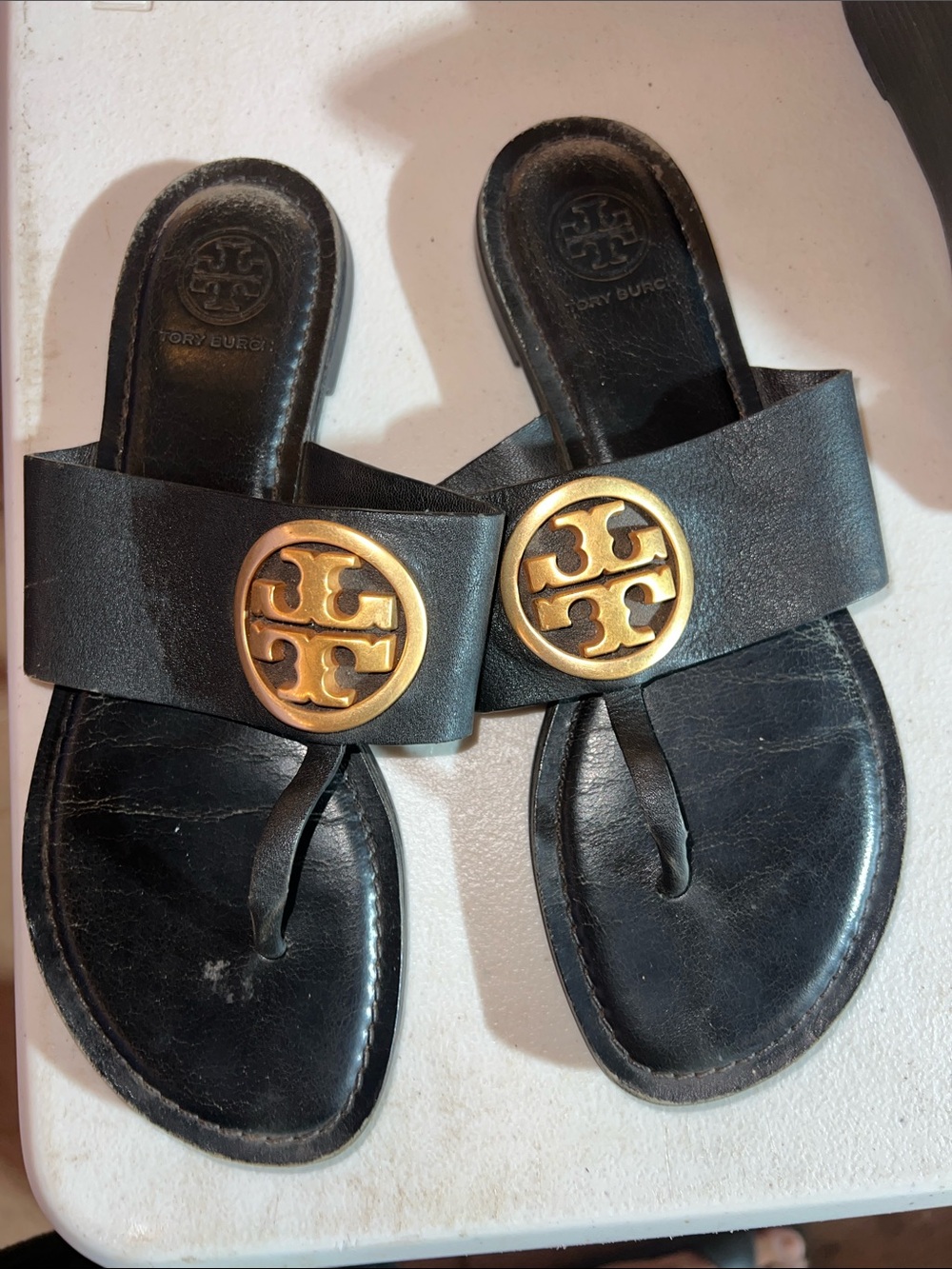 Tory Burch Black Leather Slide Sandals with Gold Logo Discs